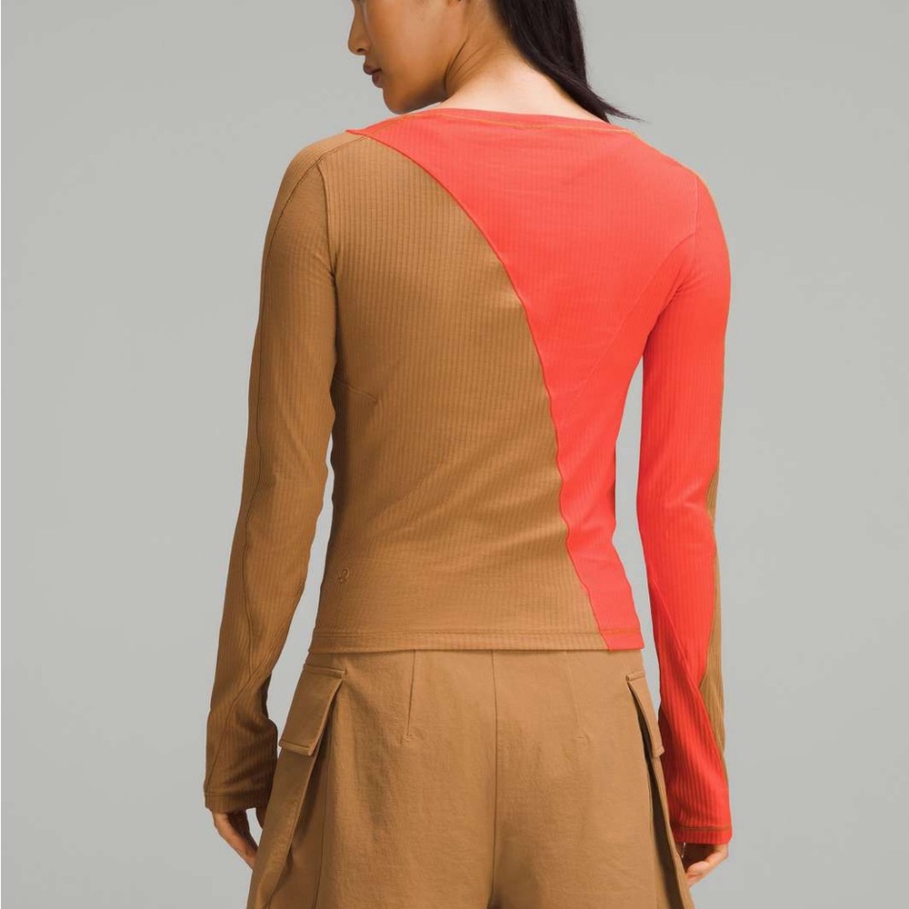 Lululemon Asymmetrical Ribbed Cotton Long-Sleeve Shirt 4 6 Beige Solar Orange S - Picture 2 of 8